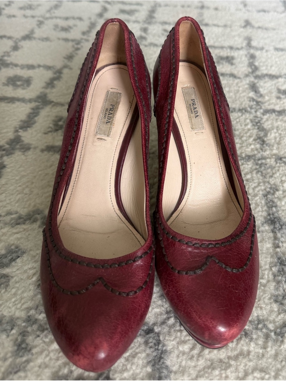 Prada bordeaux leather platform heels with brogue stitching, Sz 38